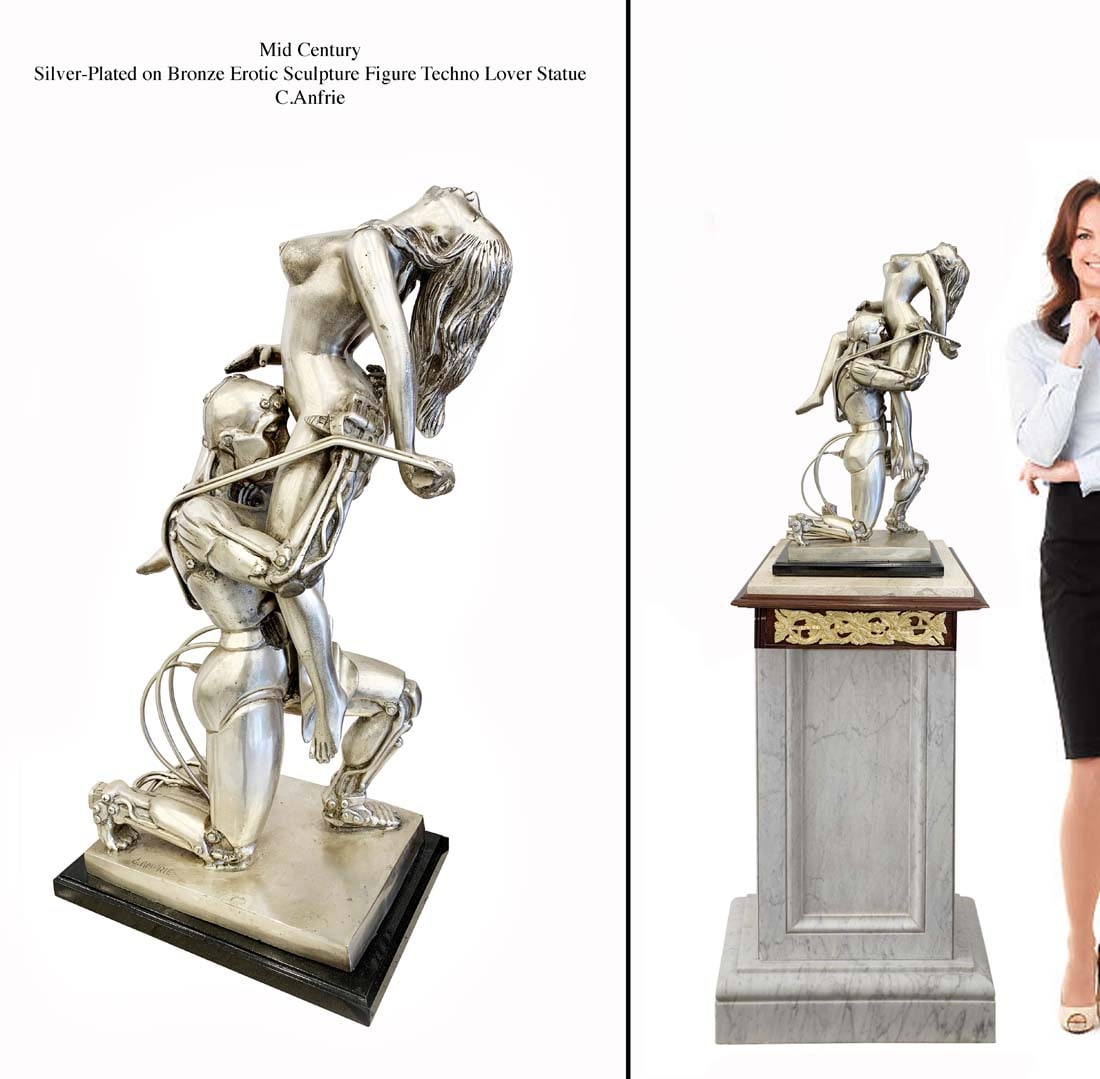 Techno Lover, A 20th Mid Century Silver-Plated Bronze Erotic Sculpture, Signed: Techno Lover, A 20th Mid Century Silver-Plated Bronze Erotic Figurine Group Statue, Signed by C. Anfrie. H 22", Note: The pedestal is NOT included!