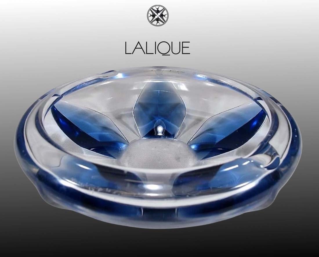 A Vintage French LALIQUE Clear & Cap Ferrat Blue Crystal Ashtray, Signed (1 of 5)