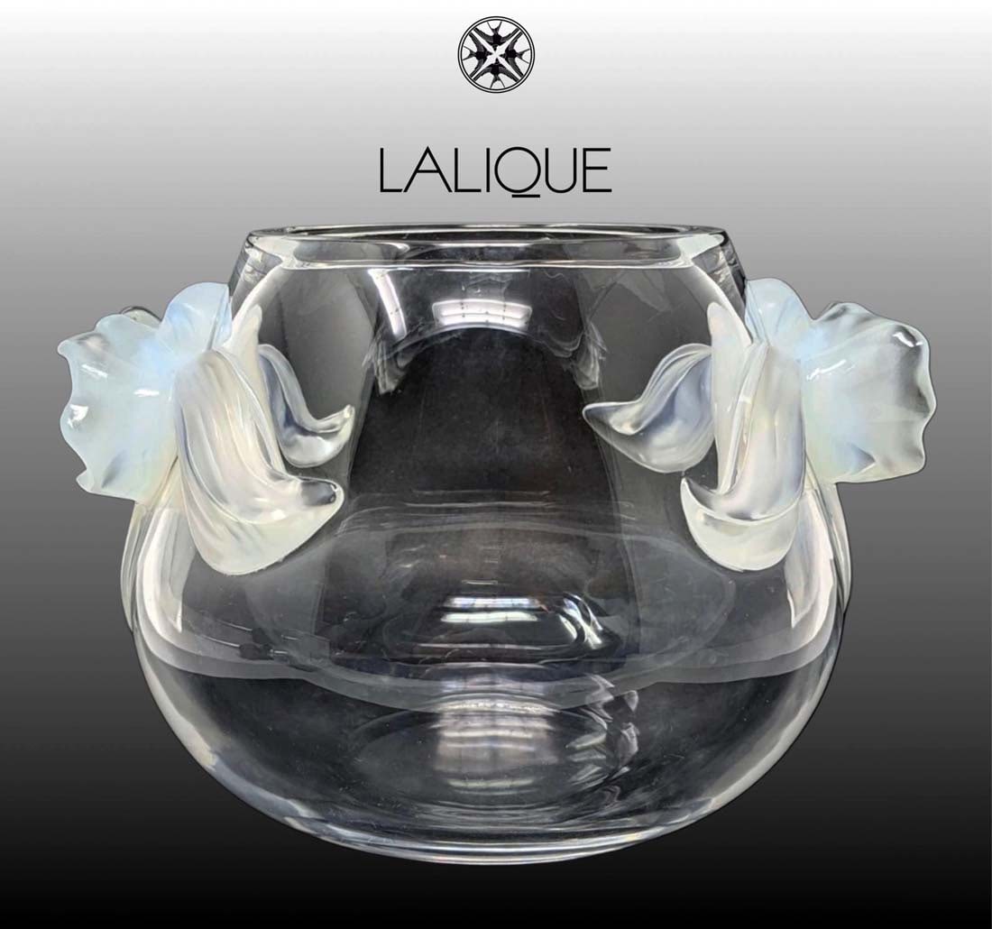 A French LALIQUE Orchidee Clear & Orchid Opalescent Crystal Vase, Signed (1 of 7)