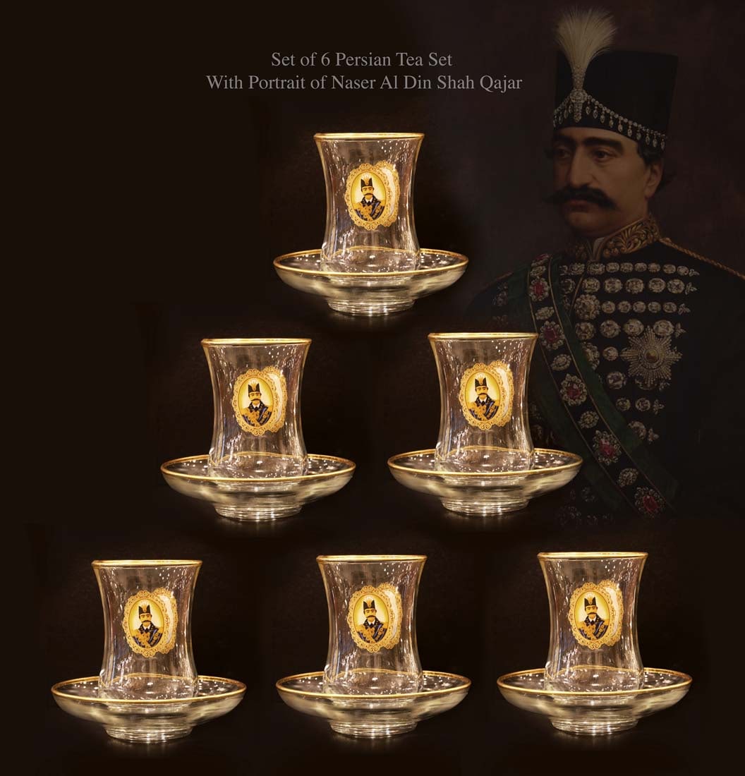 A Set of Six Persian Qajar King Portrait Glass Tea Set: A Set of 6 Persian Portrait of King Naser al-Din Shah Qajar Glass Tea Set. each one: H 3.75"