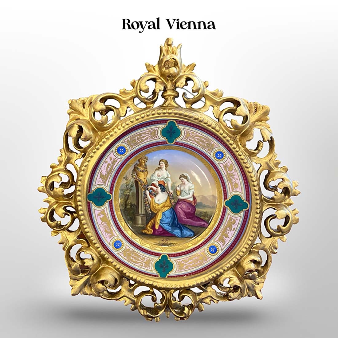 19th C. Rococo Framed Royal Vienna Hand Painted Plate: 19th C. Austrian Royal Vienna Hand Painted Porcelain Decorative Wall Plate W/ Rococo Style Frame, Hallmarked. Diameter: 17.5"