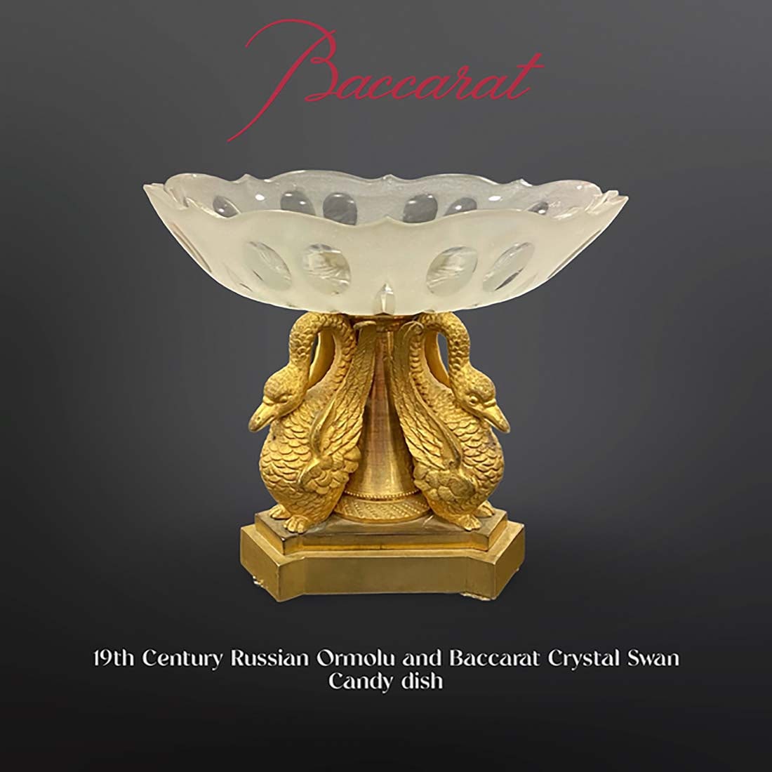 19th C. Russian Bronze & Baccarat Crystal Swan Figural Candy Dish: 19th Century Russian Ormolu and French Baccarat Crystal Swan Figural Candy Dish. H 5" x L 6"