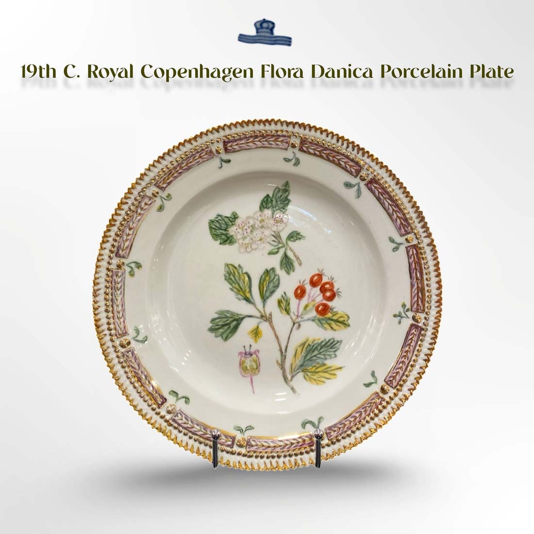 19th C. Royal Copenhagen Flora Danica Decorative Wall Plate, Signed: 19th C. Danish Royal Copenhagen Flora Danica Hand Painted Porcelain Decorative Wall Plate, Signed & Hallmarked. D 10"