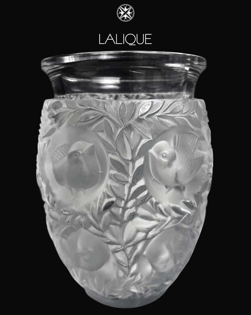 A Vintage LALIQUE Bagatelle Clear & frosted Crystal Glass Floral & Birds Vase, Signed: A Vintage French LALIQUE Bagatelle Clear & frosted Crystal Glass Floral & Birds Vase, Signed. H 6.75"