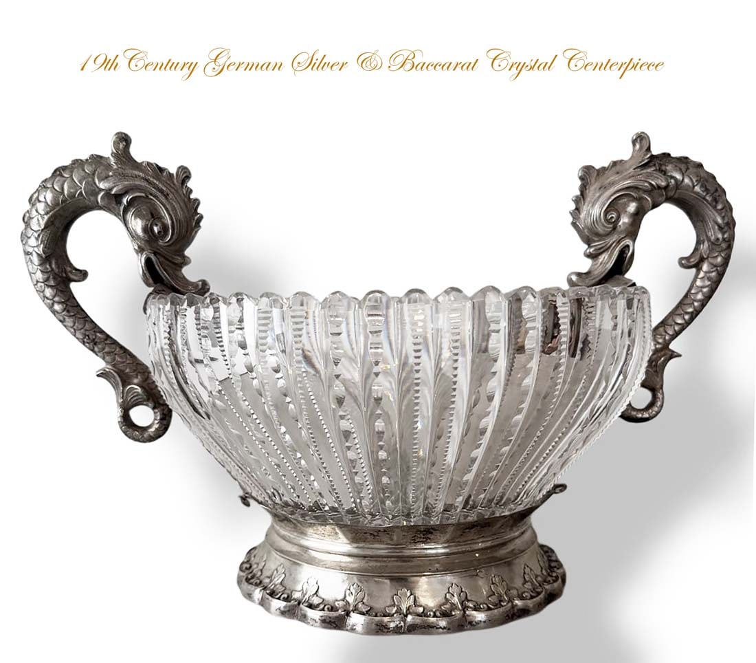19th C. French Baccarat Crystal & German Figural Silver Centerpiece: 19th Century French Baccarat Crystal on A German Figural Silver Centerpiece. H 5.5" x W 11"