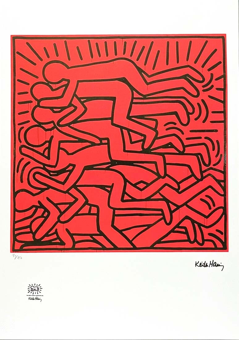 A Large After KEITH HARING Untitled Lithography Print, Numbered & Stamped: A KEITH HARING Untitled Limited Edition Lithography Print. Signed in the plate print and numbered by hand pencil. Limited Edition of 150 pieces. Each piece is individually numbered (#60/150). Overall
