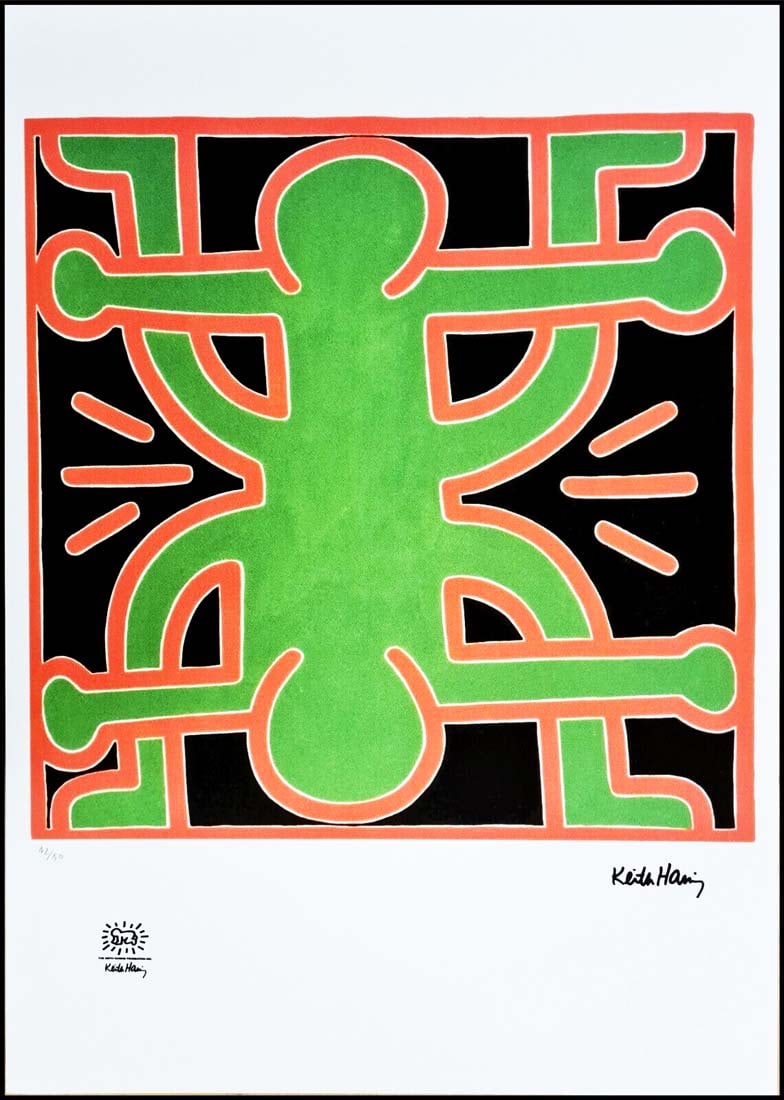A Large After KEITH HARING Untitled Lithography Print, Numbered & Stamped: A KEITH HARING Untitled Limited Edition Lithography Print. Signed in the plate print and numbered by hand pencil. Limited Edition of 150 pieces. Each piece is individually numbered (#121/150). Overall