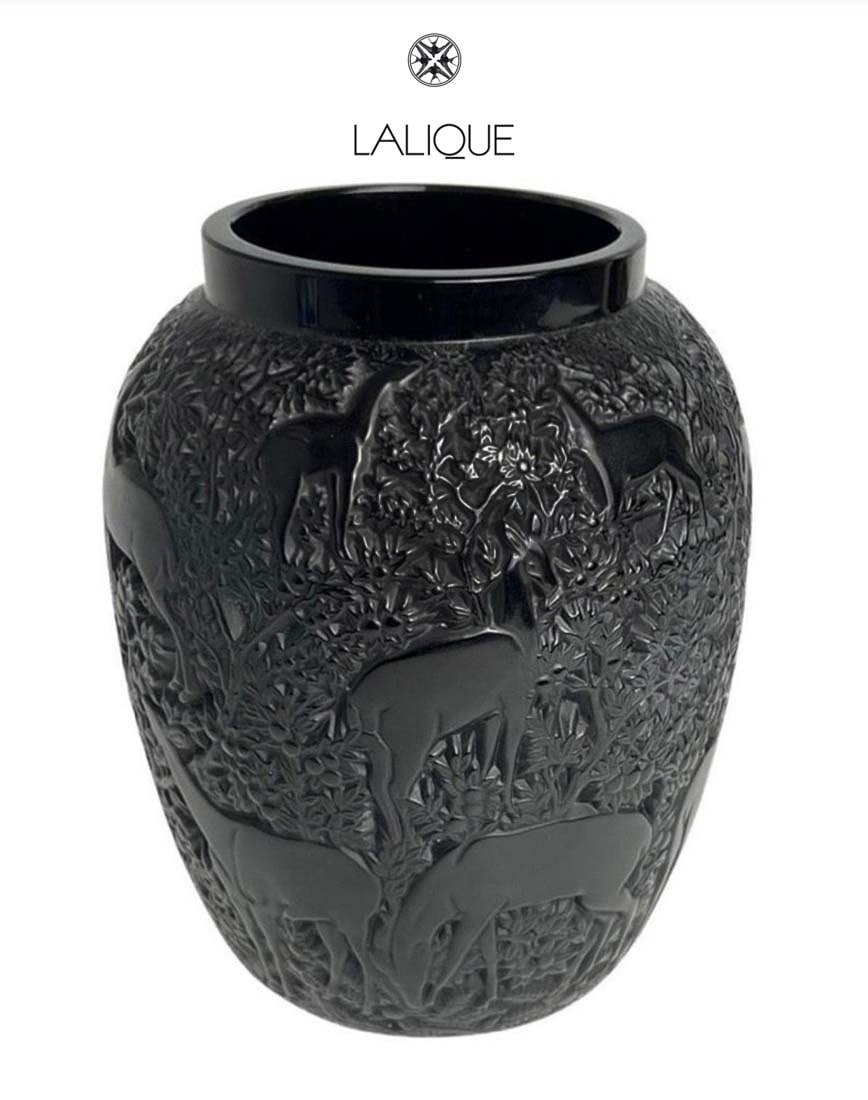 A Vintage French Lalique Black Art Glass Crystal Deer Biches Vase, Signed: A Vintage French Lalique Black Art Glass Crystal Deer Biches Vase, Signed. H 6.5" x D 5"