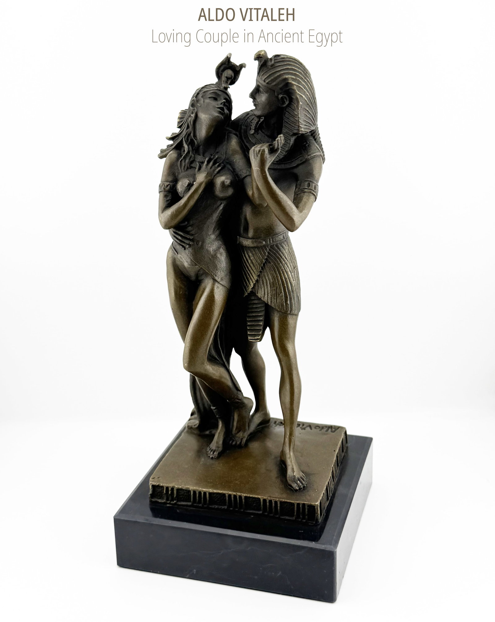 Ancient Egyptian Lovers, An Art Deco Style Bronze Figurine Group, Signed: Ancient Egyptian Lovers, An Art Deco Style Bronze Figurine Group on black marble base, Signed by Aldo Vitaleh. 4.5" x 4.5" x H 10"