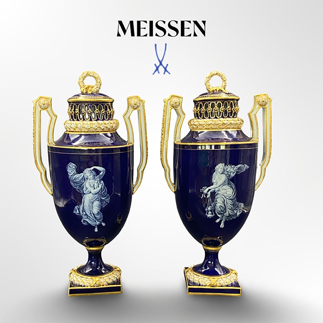 A Pair of 19th C. Meissen Hand Painted Cobalt Porcelain Vases/Urns, Hallmarked: A Pair of 19th Century German Meissen Hand Painted Cobalt Porcelain Vases/Urns, Hallmarked. H 13" x L 6.25" x W 5"