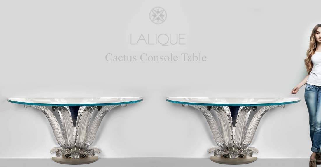 A Pair of French Lalique Crystal Cactus Wall Console Tables: A Pair of French Lalique Crystal Cactus Wall Console Tables. 60" x 30" x H 28"