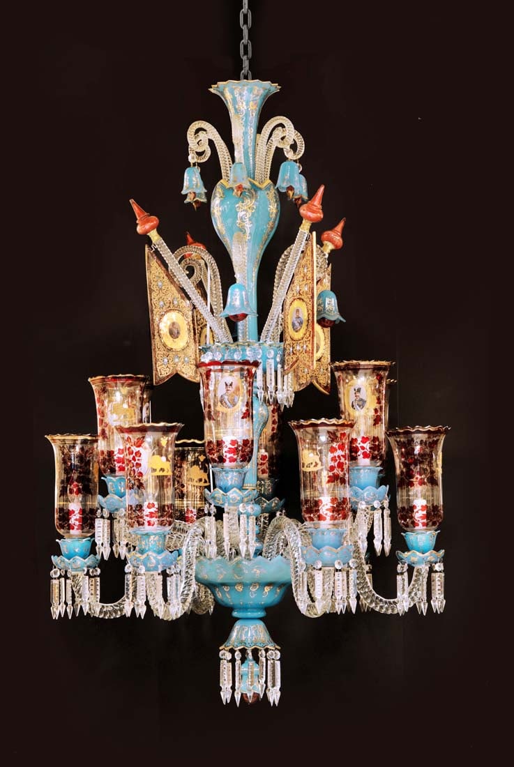 An Impressive Large 19th C. Persian Qajar Era Bohemian Gilt Enamel Art Glass Crystal Chandelier - 2