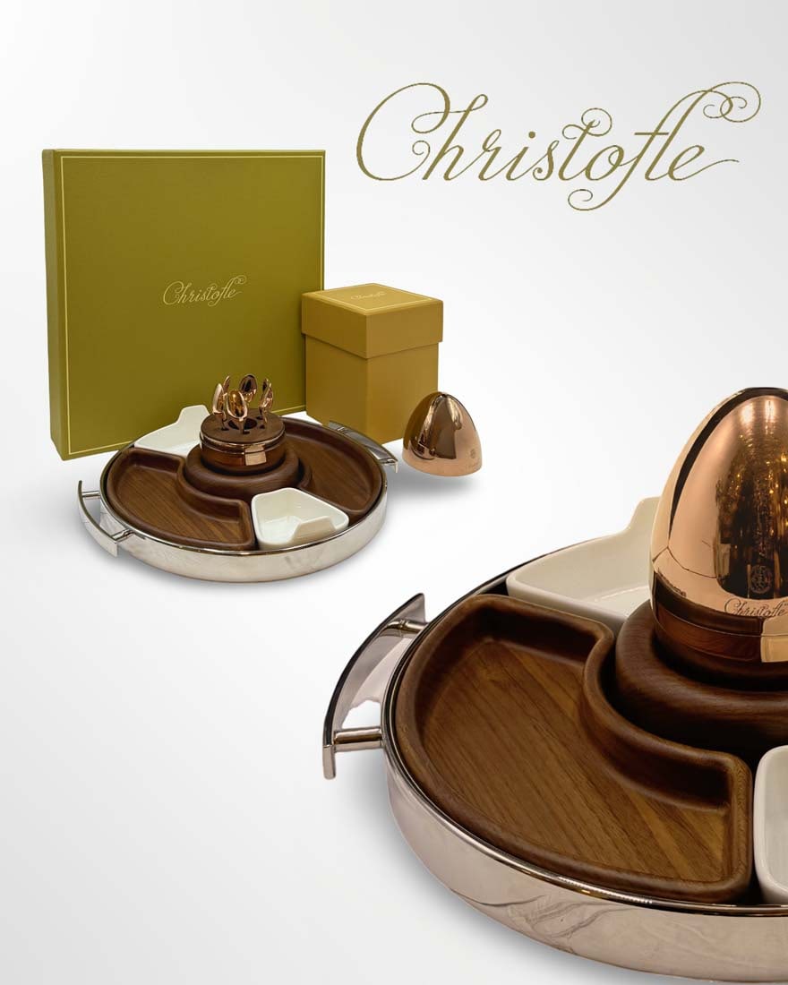 A Christofle MOOD Coffee Rose Gold 6-Piece Espresso Spoon Set & Tray, Boxed: MOOD Coffee Rose Gold 6-Piece Espresso Spoon Set and Stainless Steel Le petit MOOD tray, Boxed. Tray: H 1.75" x L 13", Spoon Set: H 5.25" x L 3.5"
