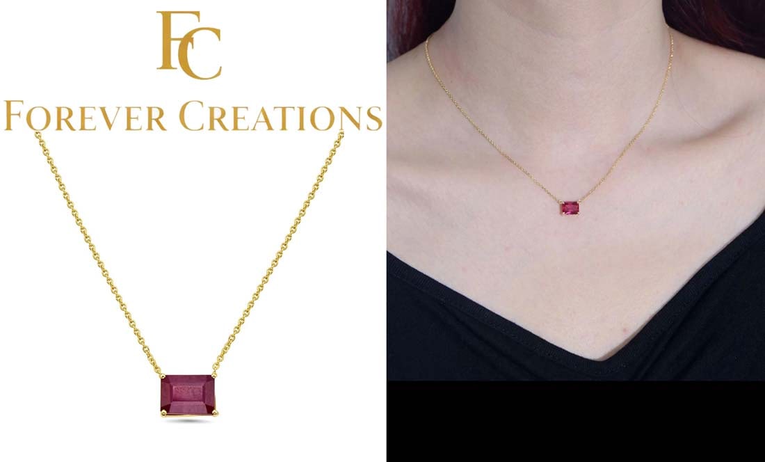 A Forever Creations 14-karat Gold Necklace Ruby gemstone Pendant: A Forever Creations 14-karat Gold Necklace Ruby gemstone (approximately 2.50 ct. tw.) Pendant. Pendant drops approximately 0.25". Approximately 16" long with 2" extender Lobster claw clasp closure. It