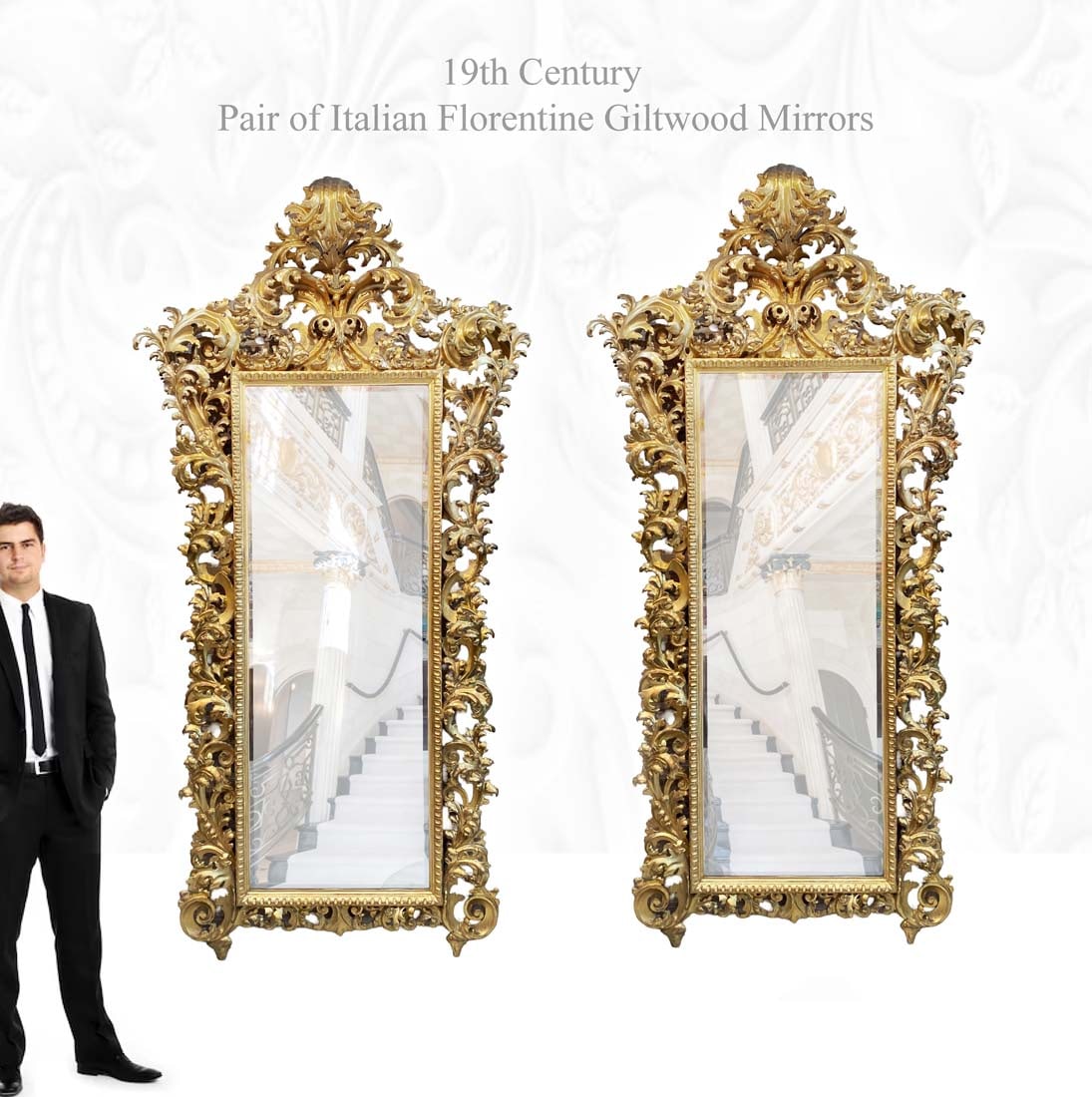 Very Large 19th Century Pair of Italian Florentine Giltwood Framed Mirrors (1 of 1)