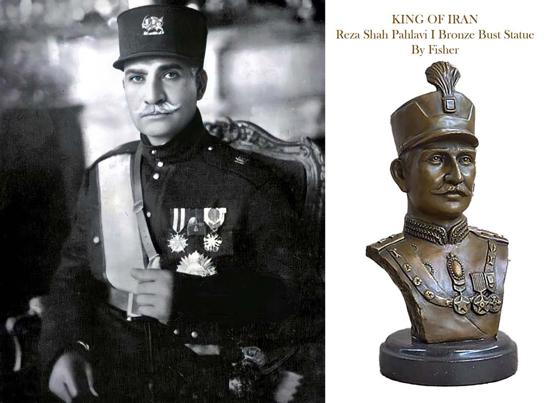 A Vintage Persian King Reza Shah Pahlavi Bronze Bust Statue, Signed: A Vintage Iran Persian King Reza Shah Pahlavi Bronze Bust Sculpture on black marble base. Signed by Fisher. 4.5" x 5.25" x H 11"