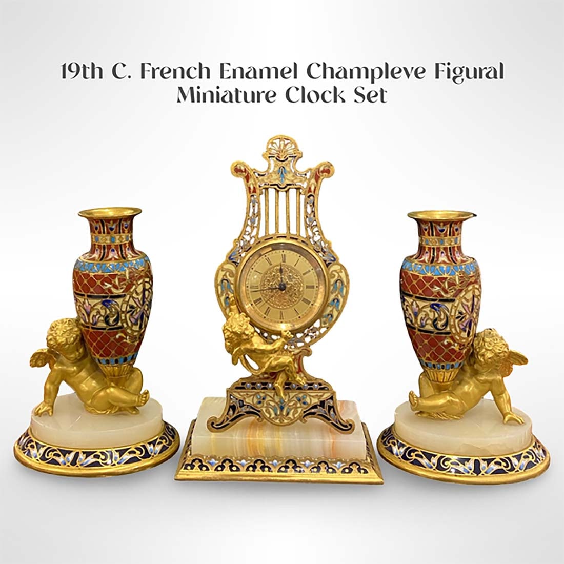 19th C. French Champleve Enamel Bronze Miniature Figural Clock Set (1 of 8)