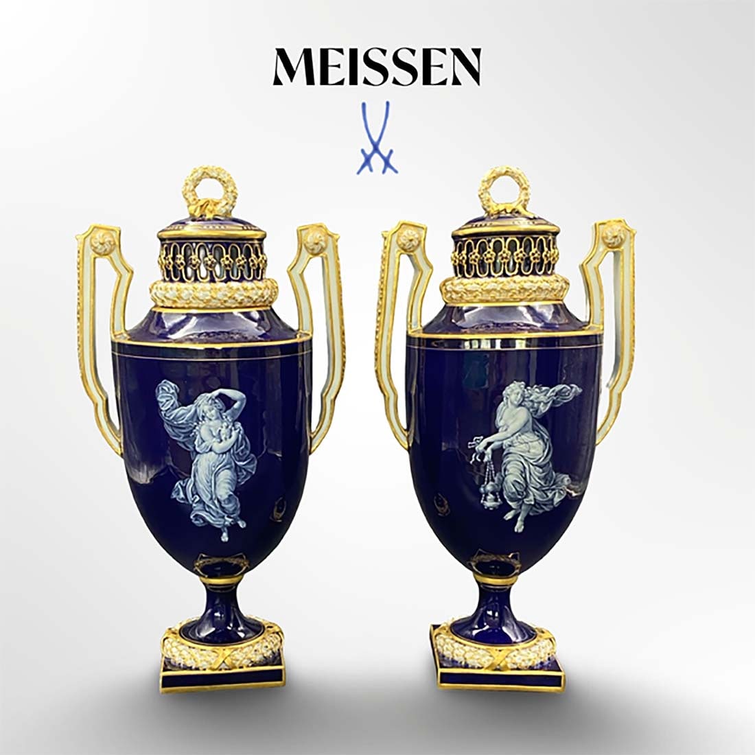 A Pair of 19th C. Meissen Hand Painted Cobalt Porcelain Vases/Urns, Hallmarked: A Pair of 19th Century German Meissen Hand Painted Cobalt Porcelain Vases/Urns, Hallmarked. H 13" x L 6.25" x W 5"