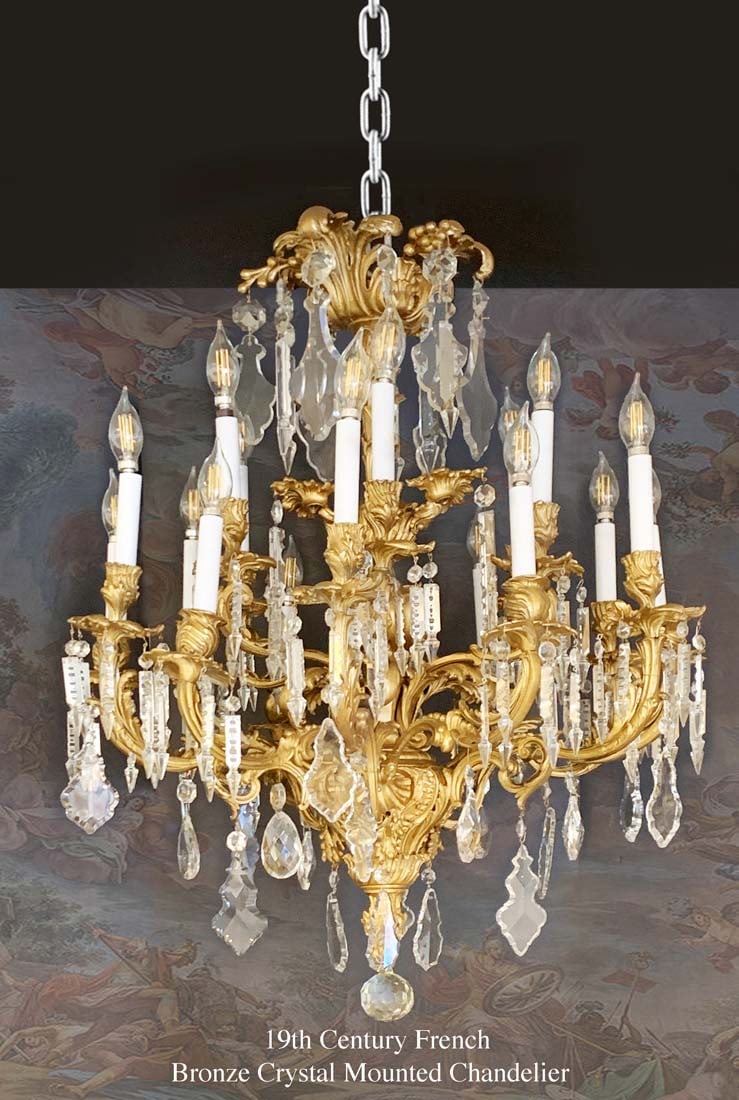 19th C. French Bronze & Crystal 18 Lights Chandelier: 19th C. French Bronze Crystal Mounted 18 Lights Chandelier. H 37"