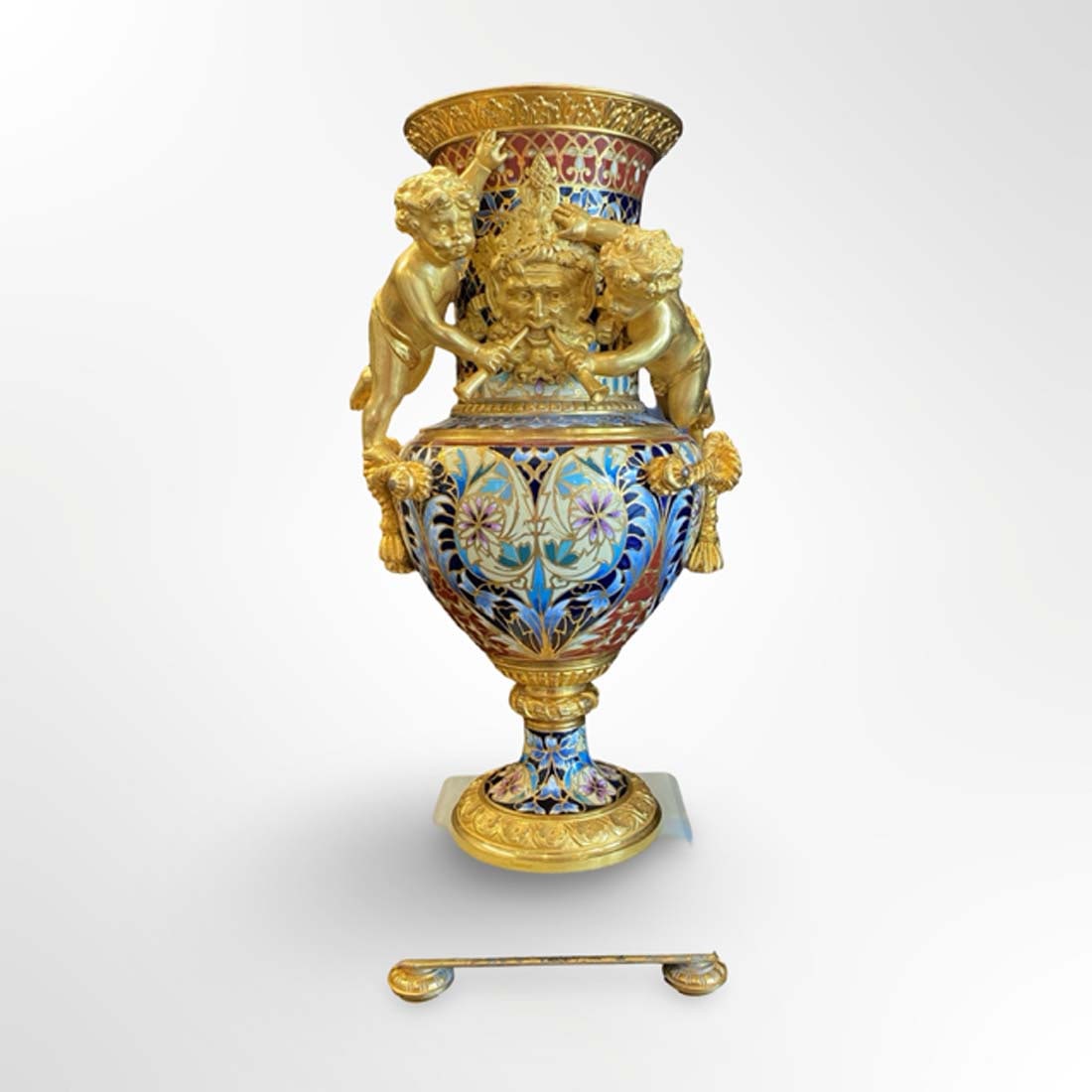 19th C. French Champleve Enamel Figural Bronze Clock Set, Signed - 10