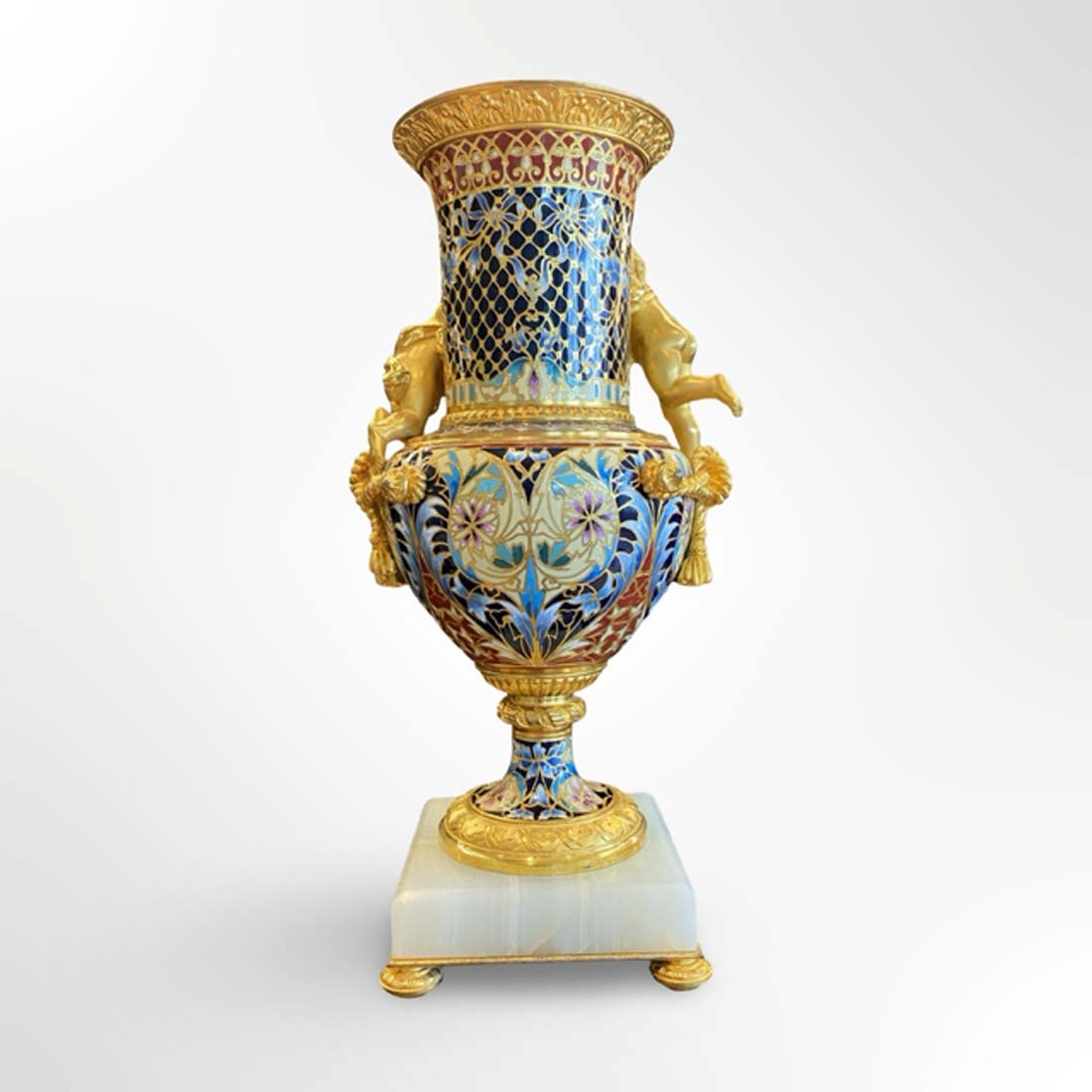 19th C. French Champleve Enamel Figural Bronze Clock Set, Signed - 11