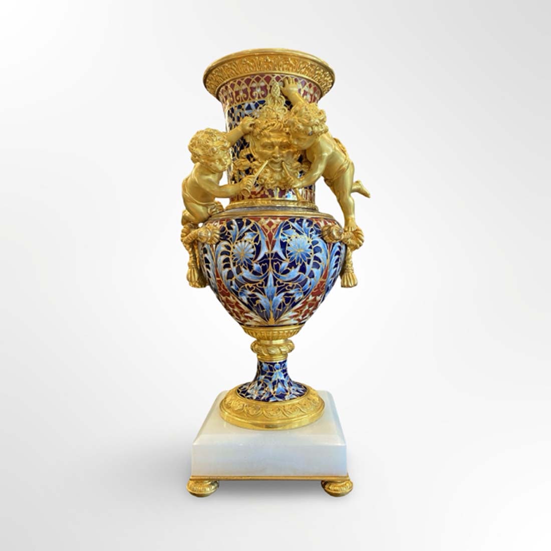 19th C. French Champleve Enamel Figural Bronze Clock Set, Signed - 12