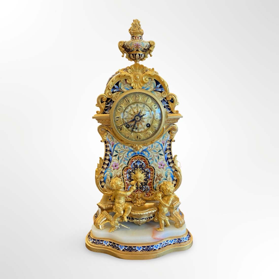 19th C. French Champleve Enamel Figural Bronze Clock Set, Signed - 2