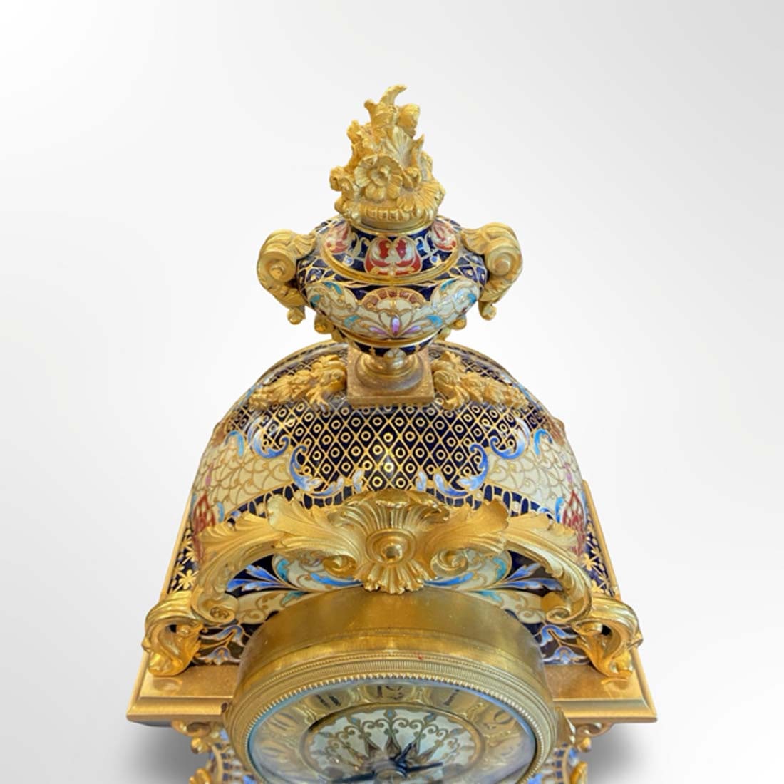 19th C. French Champleve Enamel Figural Bronze Clock Set, Signed - 3