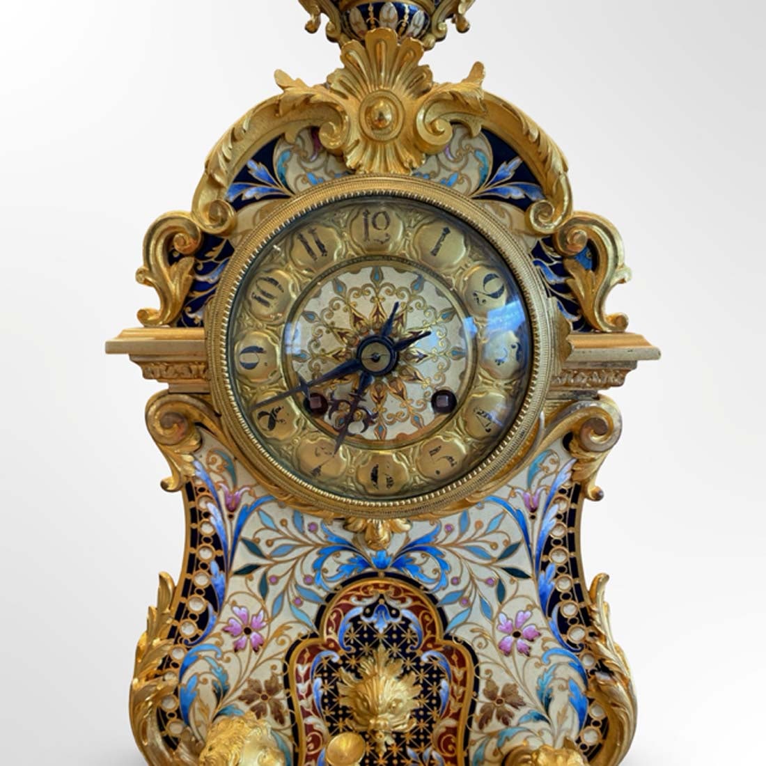 19th C. French Champleve Enamel Figural Bronze Clock Set, Signed - 4
