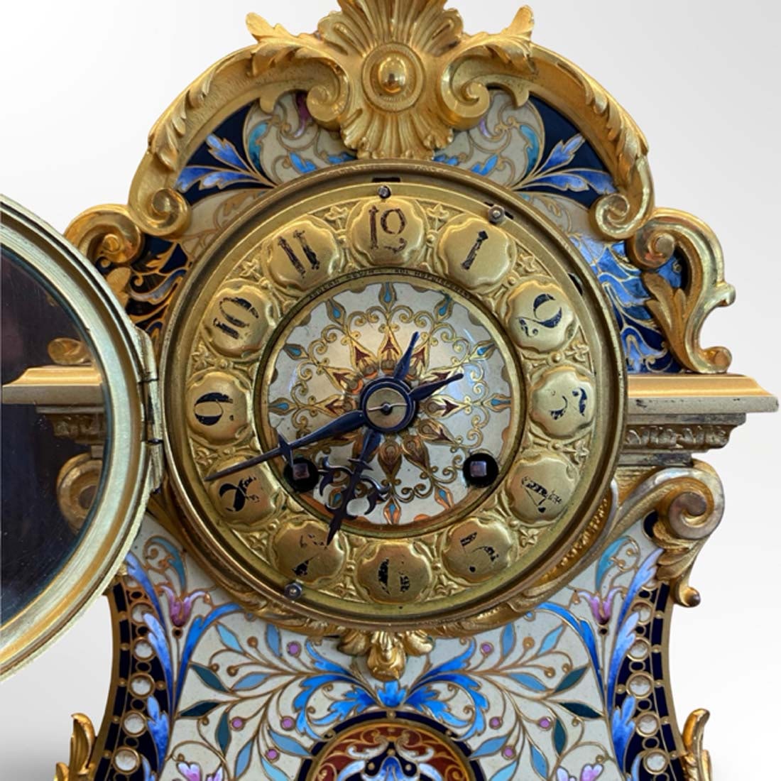 19th C. French Champleve Enamel Figural Bronze Clock Set, Signed - 5
