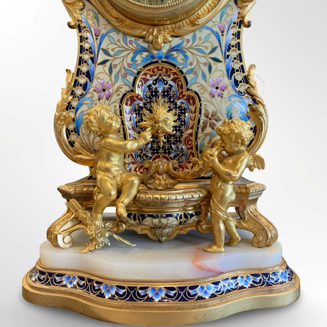 19th C. French Champleve Enamel Figural Bronze Clock Set, Signed - 6