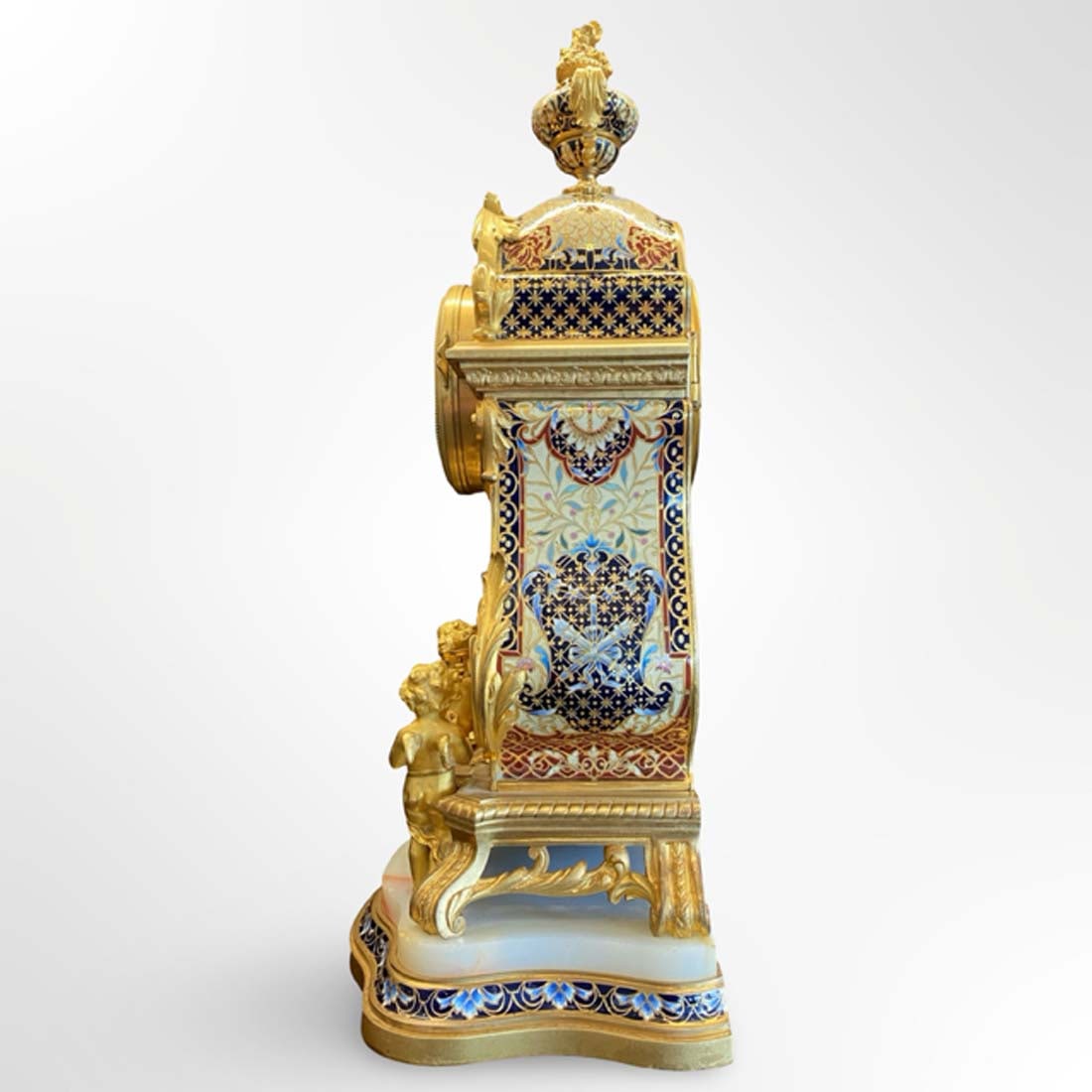 19th C. French Champleve Enamel Figural Bronze Clock Set, Signed - 7