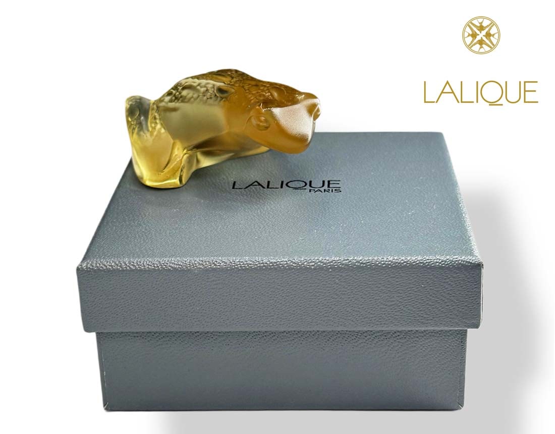 A French Lalique Yellow Crystal Frog Figurine/Paper Weight, Signed & Boxed: A French Lalique Yellow Crystal Frog Figurine/Paper Weight in Original Box, Signed. frog size: 2.75" x 2.25”