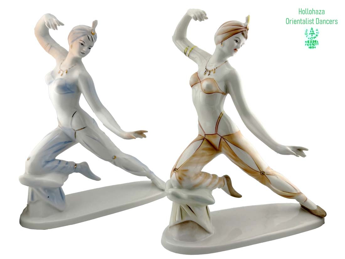A Pair of Vintage Hollohaza Hand Painted Porcelain Orientalist Dancer Figurines: A Pair of Vintage Hungarian Hollohaza Hand Painted Porcelain Orientalist Dancer Figurines, Hallmarked.