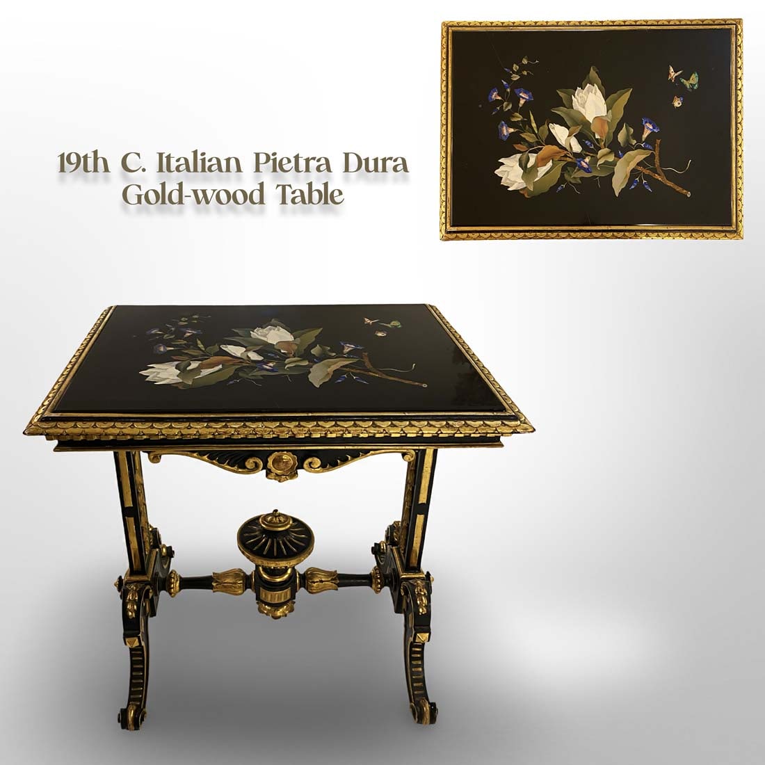19th C. Italian Giltwood Hand Painted Pietra Dura Table: 19th C. Italian Giltwood Hand Painted Pietra Dura Table. H 31" x L 31.25" x W 23"