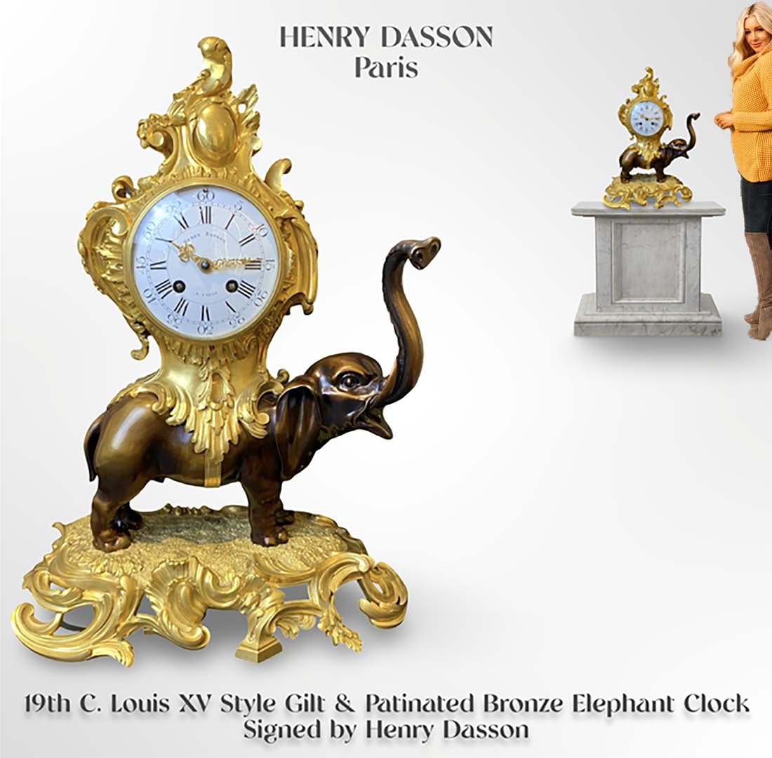 19th C. Henry Dasson Louis XV Style Gilt & Patinated Bronze Elephant Clock, Signed: 19th C. French Louis XV Style Gilt & Patinated Bronze Elephant Clock Signed by Henry Dasson. Note: The pedestal is NOT included! Measurements: H 18" x L 13.5" x W 7.75"