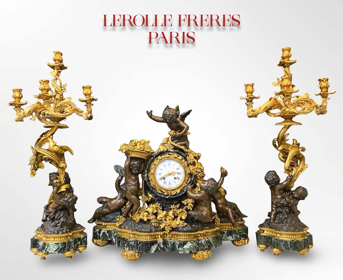 A Monumental 19th C. LEROLLE FRERES Figural Bronze & Marble Clock Set, Signed - 2