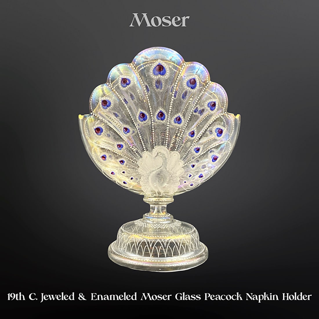 19th C. Moser Jeweled & Enameled Glass Crystal Figural Peacock Napkin Holder (1 of 6)