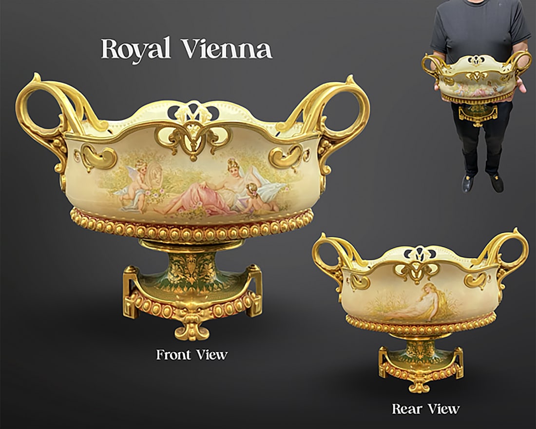 19th C. Austrian Royal Vienna Hand Painted Porcelain Centerpiece, Signed: 19th C. Austrian Royal Vienna Hand Painted Porcelain Centerpiece, Signed. H 11" x L 15.3" x W 7"