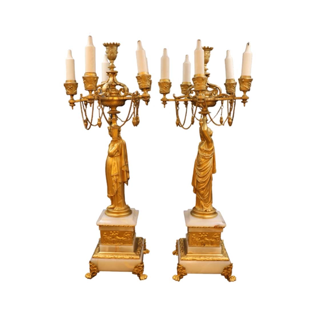 A Pair of 19th C. Empire Style Figural Bronze & Onyx Candelabras, H. FERRAT Signed - 2