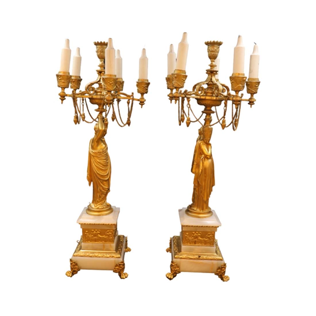 A Pair of 19th C. Empire Style Figural Bronze & Onyx Candelabras, H. FERRAT Signed - 3