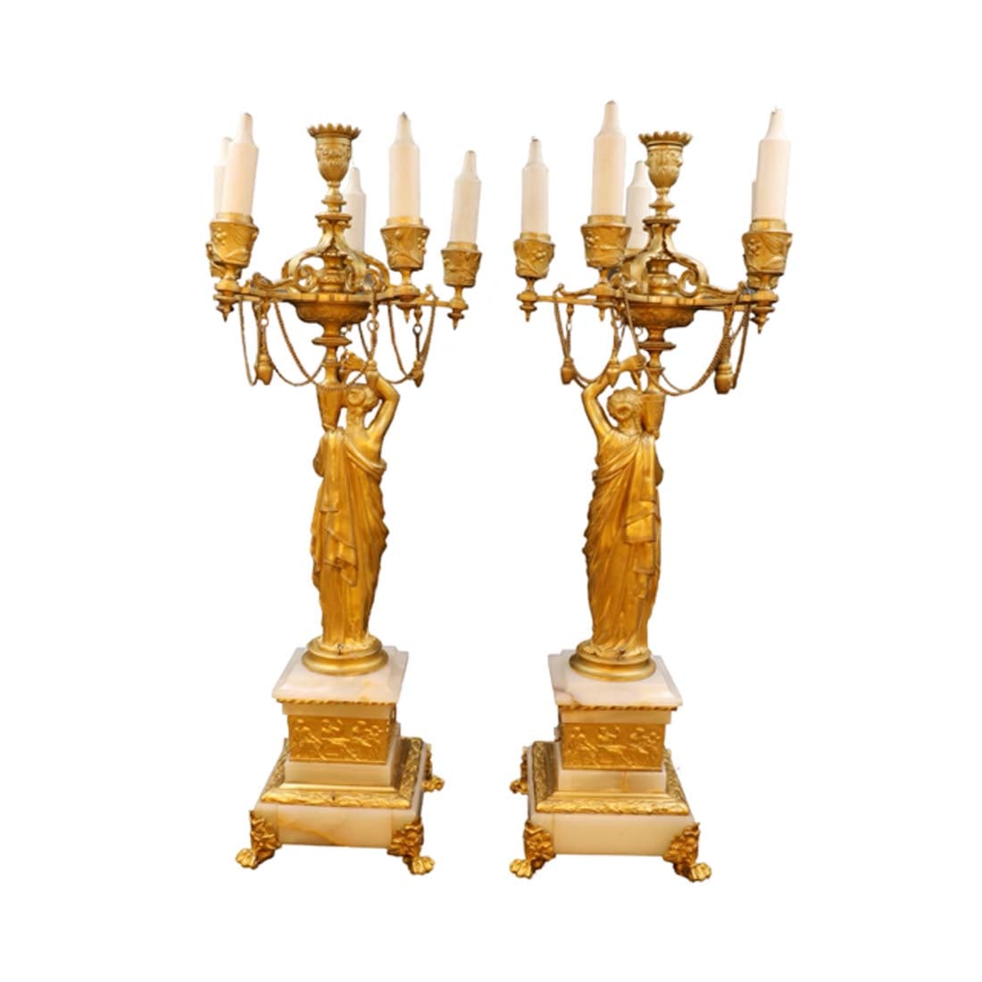A Pair of 19th C. Empire Style Figural Bronze & Onyx Candelabras, H. FERRAT Signed - 4