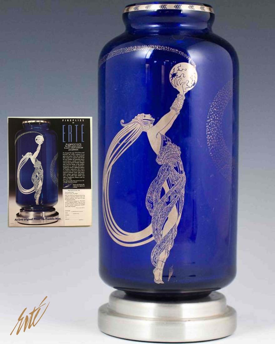 A Rare ERTE Fireflies Cobalt Crystal Vase on Platinum Base, Hallmarked (1 of 8)