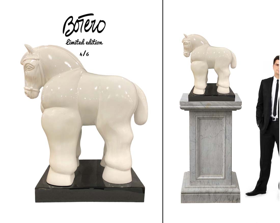 A Large Limited Edition Botero Bronze White Trojan Horse Sculpture, Signed: A Large Limited Edition Botero Bronze White Trojan Horse Statue. Signed and Numbered (4/6). Note: The pedestal is NOT included! H 22.5" x L 15" x W 11.5"