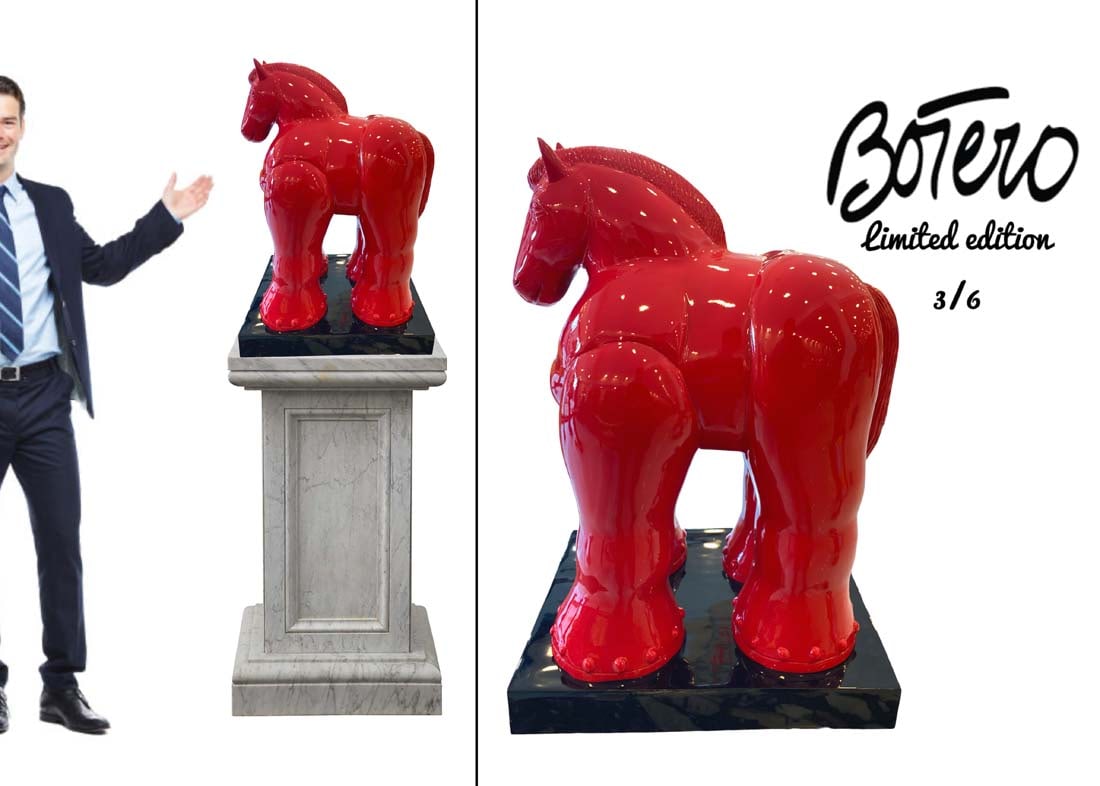 A Large Limited Edition Botero Bronze Red Trojan Horse Sculpture, Signed: A Large Limited Edition Botero Bronze Red Trojan Horse Statue. Signed and Numbered (3/6). Note: The pedestal is NOT included! H 22.5" x L 15" x W 11.5"