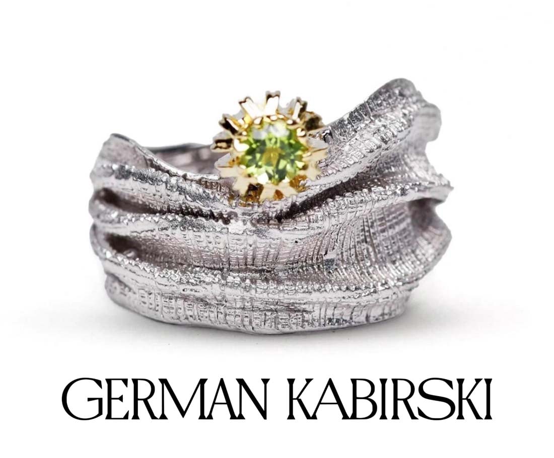 A German Kabirski Blessing Textured 925 Silver W/ Natural Peridot Ring: A German Kabirski Blessing Iconic Textured 925 Silver Ring with Natural Peridot, Ring Size: 9.
