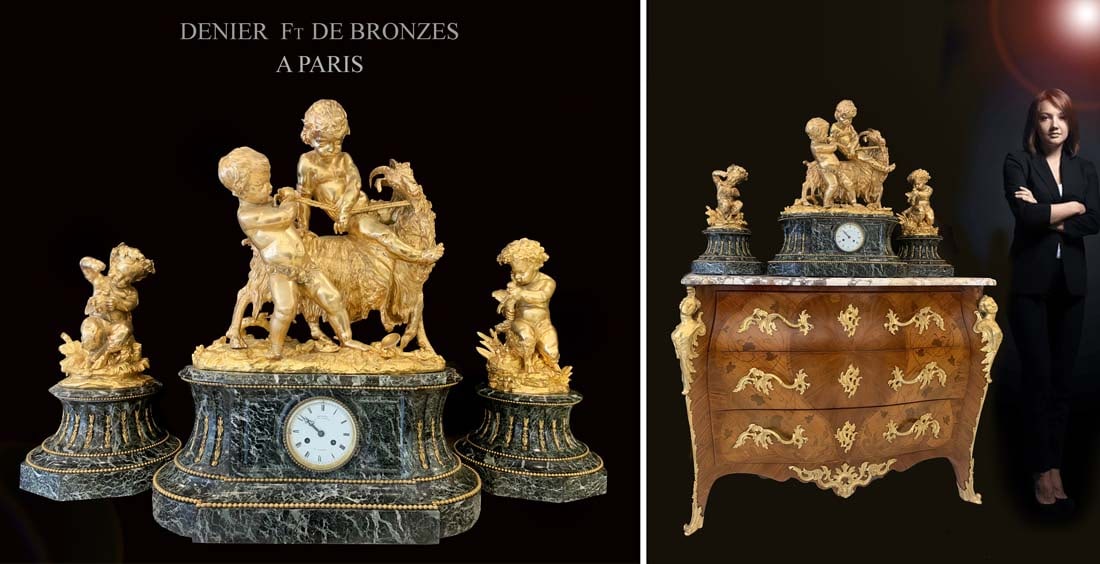 Monumental 19th C. French Marble & Gilt Bronze Figural Group Clock Set, Denier Signed: Monumental 19th Century French Marble & Gilt Bronze Goat Figural Group Clock Set, signed by Denier. Note: The base (cabinet) is NOT included! Clock: H 28" x 22" x 11", Figurines: H 19" x 11.5" x 11.5"