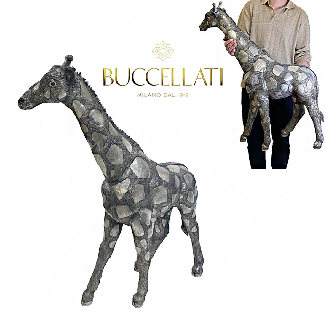 A Large Italian Buccellati Sterling Silver Giraffe Sculpture, Hallmarked: A Large Italian Buccellati Sterling Silver Giraffe Statue, Signed. H 37.75" x L 29"