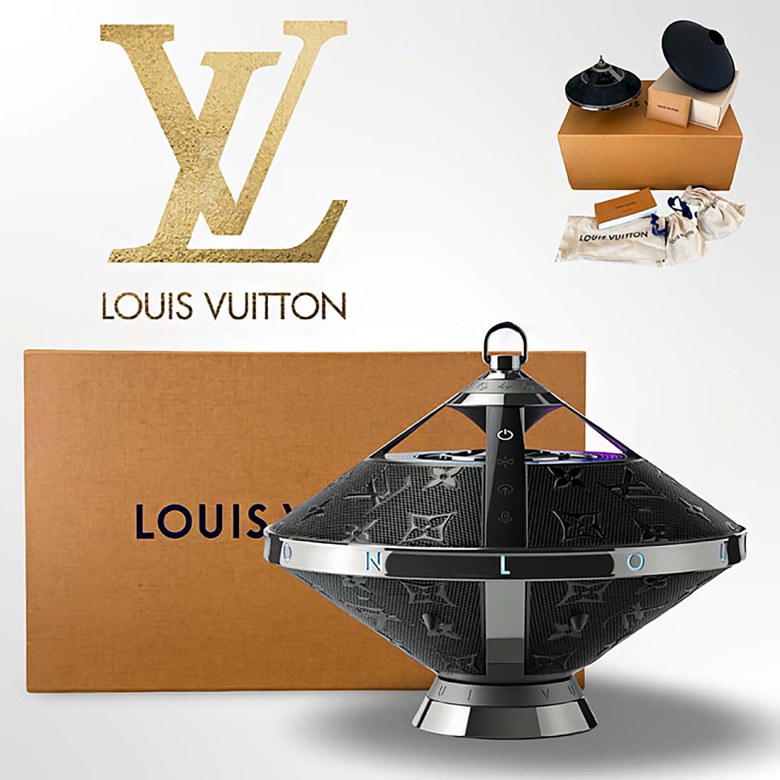 A Louis Vuitton Horizon Light Up Speaker, Boxed: A French Louis Vuitton Horizon Light Up Speaker in Original Box W/ paperwork. D 7.1" x H 5.5"