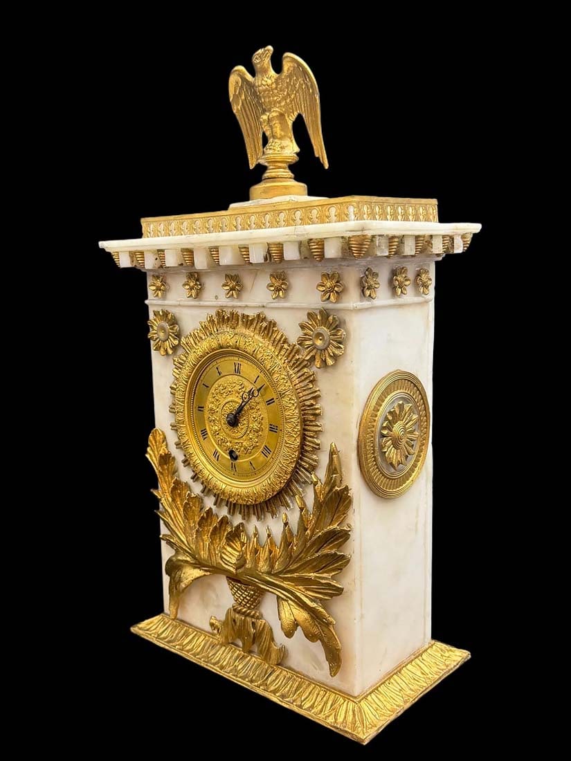 A Late 19th C. French Empire Style Alabaster Figural Clock: A Late 19th Century French Empire Style Alabaster Figural Clock. H 15.5" x L 8.5"